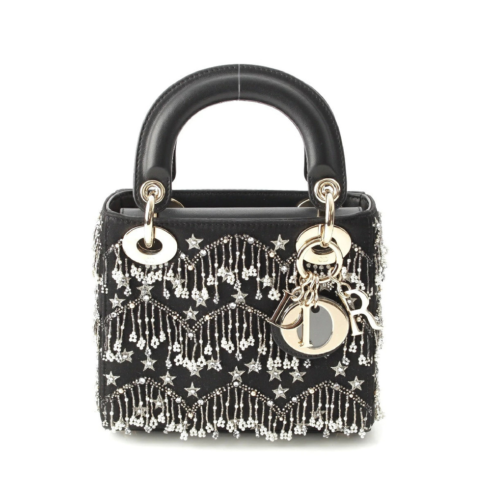 Christian Dior Lady Leather x Satin Star Bead Embroidery Handbag Black